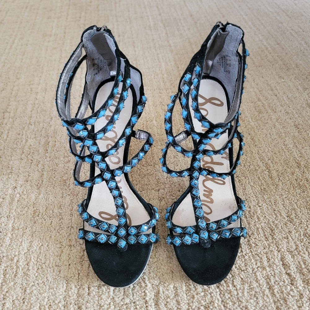Sam Edelman Alina Black Suede Turquoise Heeled Sandals, Size 8
